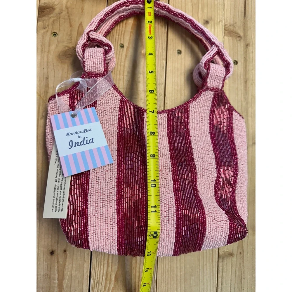 Handcrafted Pink Burgundy Striped Beaded Hobo Bag Small Evening Handbag India